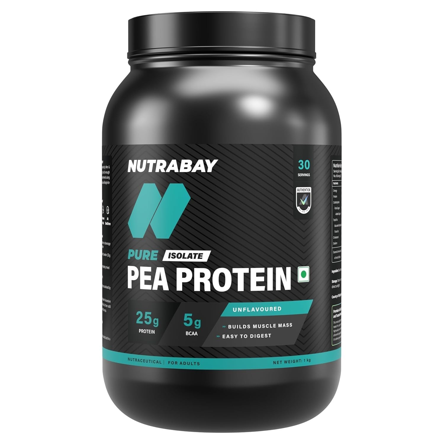 Pure Pea Protein Isolate – 25.3g Protein, 5g BCAA -1 Kg Unflavoured, 30 Servings