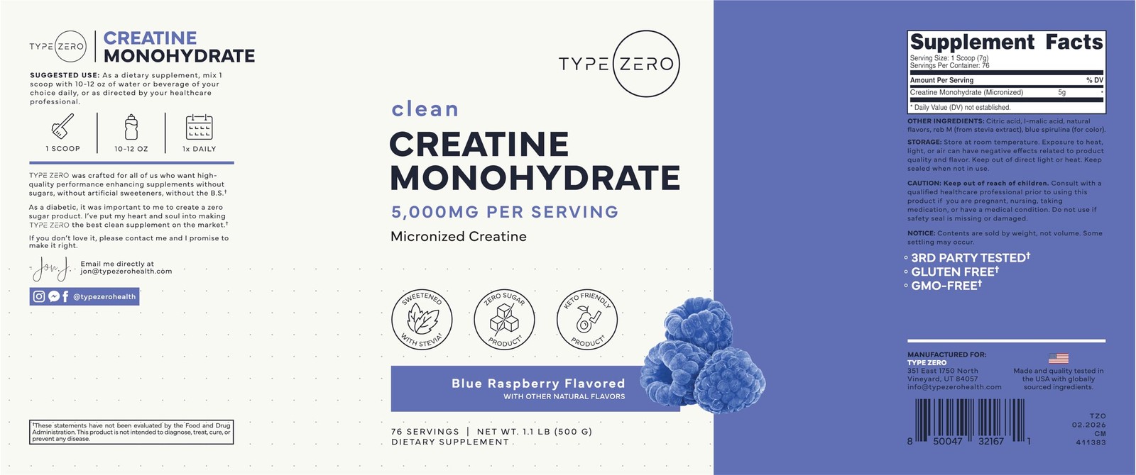 Creatine Monohydrate Powder 500 Grams, Blue Raspberry Flavor – Gluten-Free