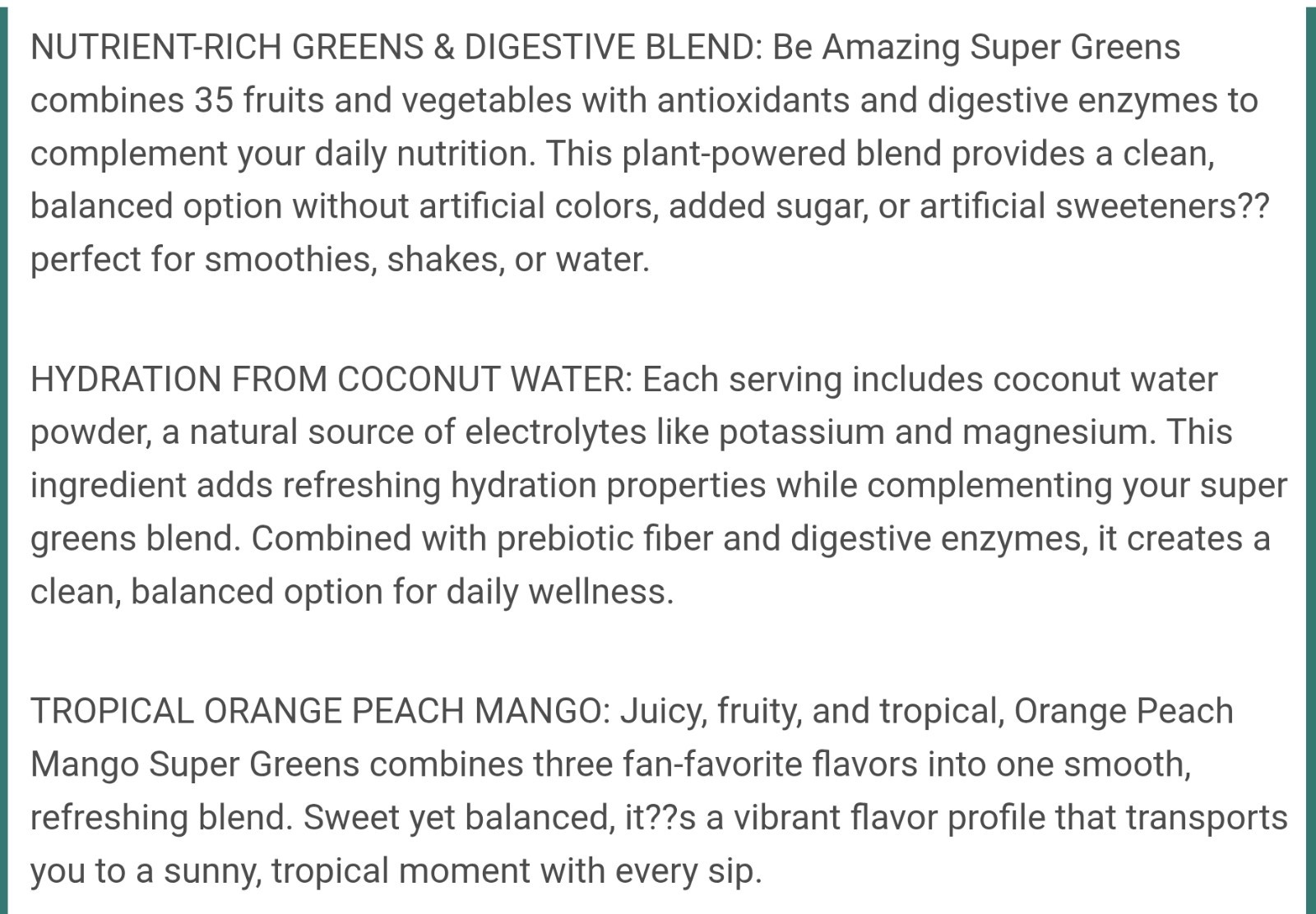 BE Amazing SUPER GREENS 11 oz (25 Serv) Natural Orange Peach Mango BESTBY 10/26