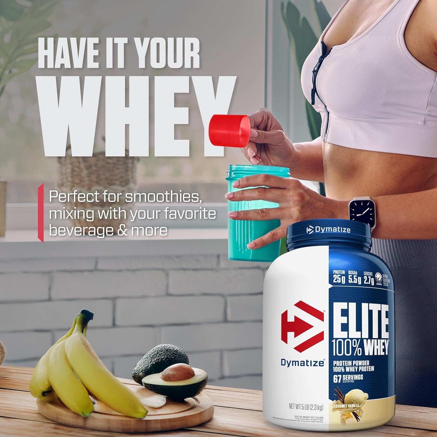 Elite 100% Whey Protein Powder, Vanilla, 25G of Protein, 5.5G Bcaas
