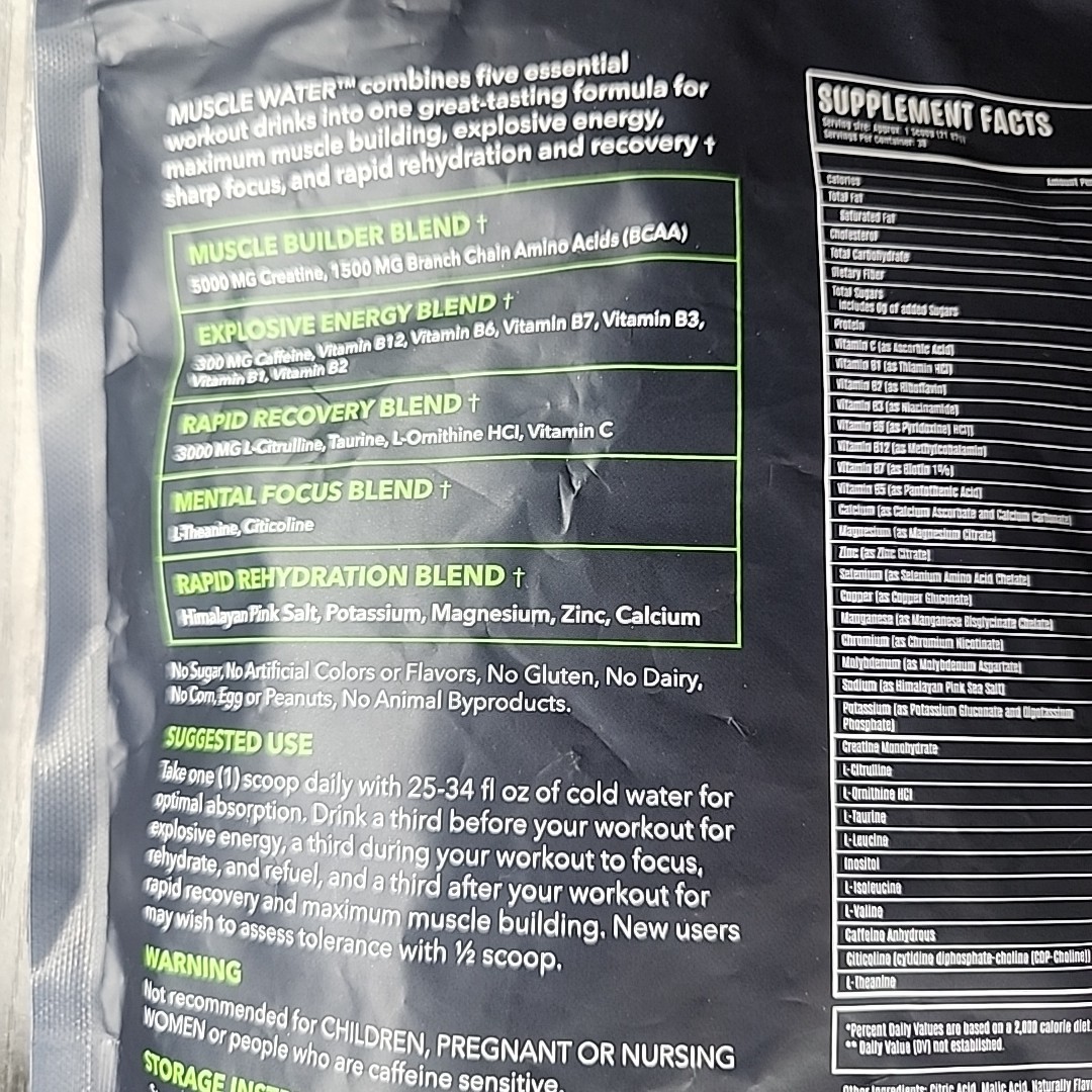 Muscle Water Pre Workout Powder Muscle+Pump+Energy 20+ Supplements (Green Apple)