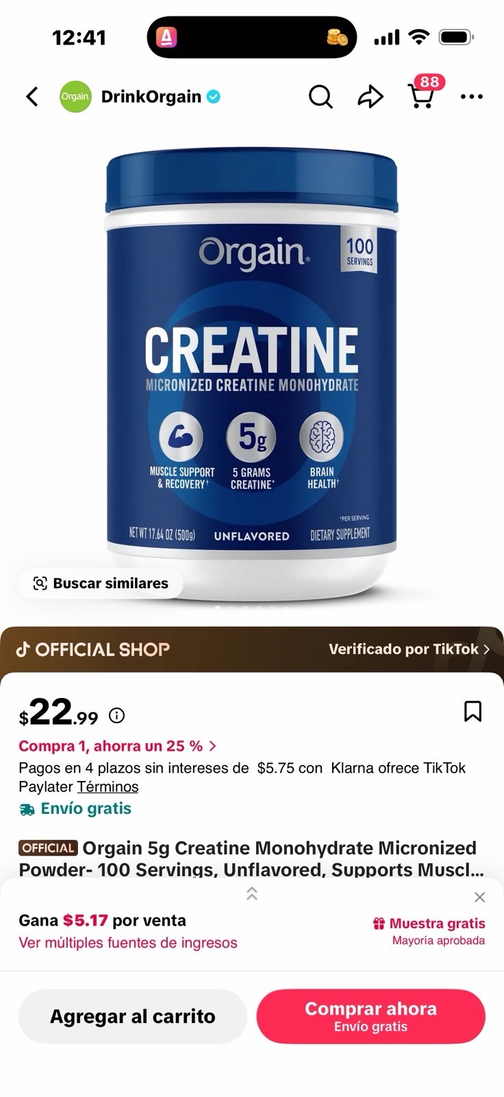 Orgain Micronized Creatine Monohydrate Powder, Unflavored 17.64 oz (500 g)