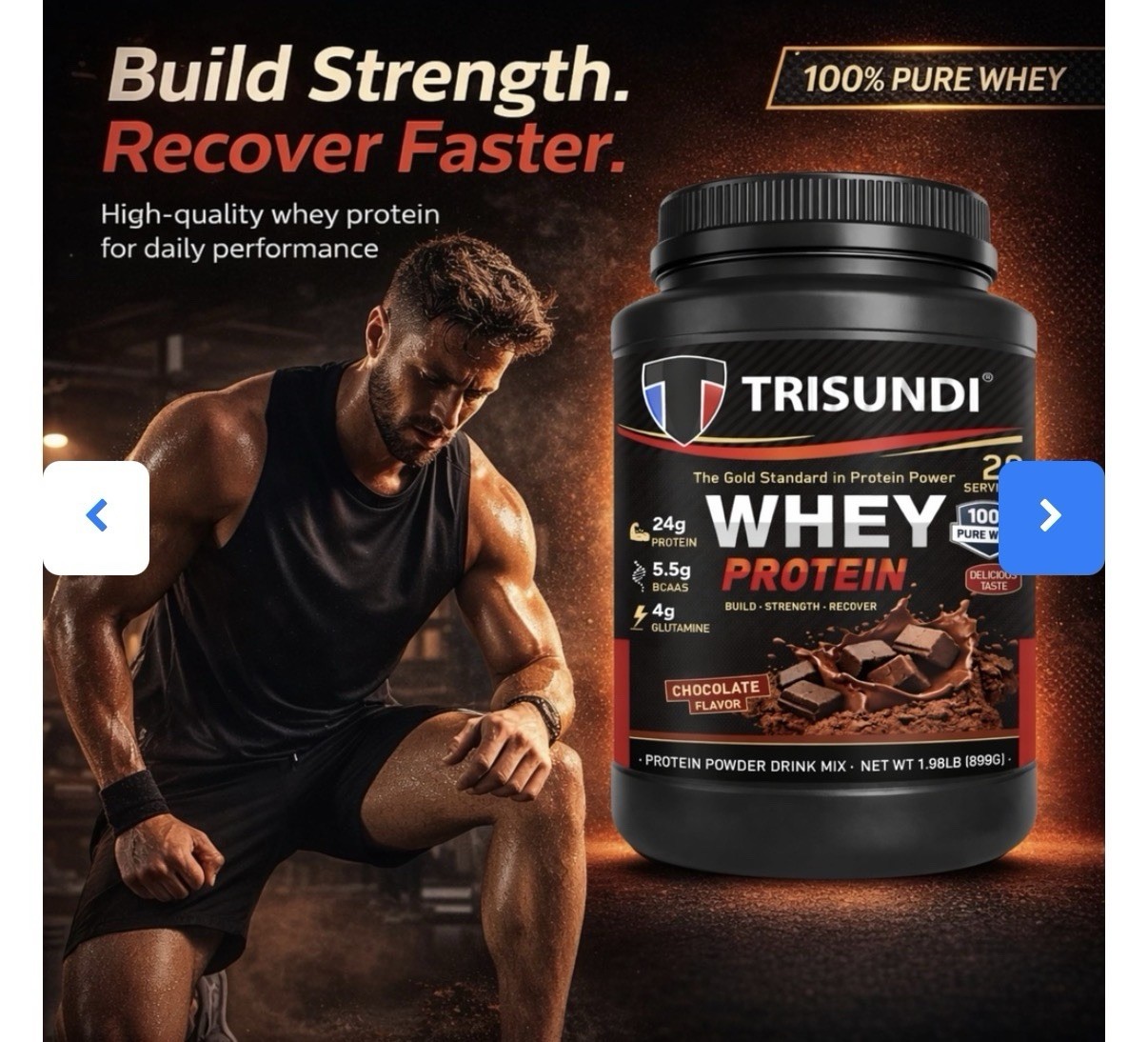 TRISUNDI 100% Pure Whey Protein Powder, Chocolate Flavor, 1.98 lb (899g)