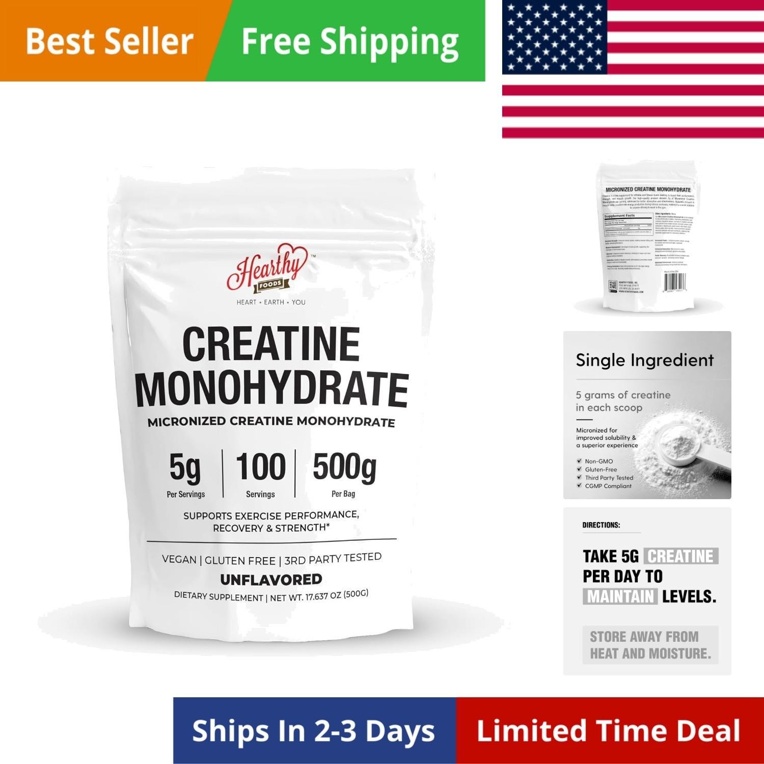 Creatine Monohydrate Micronized Powder 500g – 100 Servings, 5000mg Per Serving