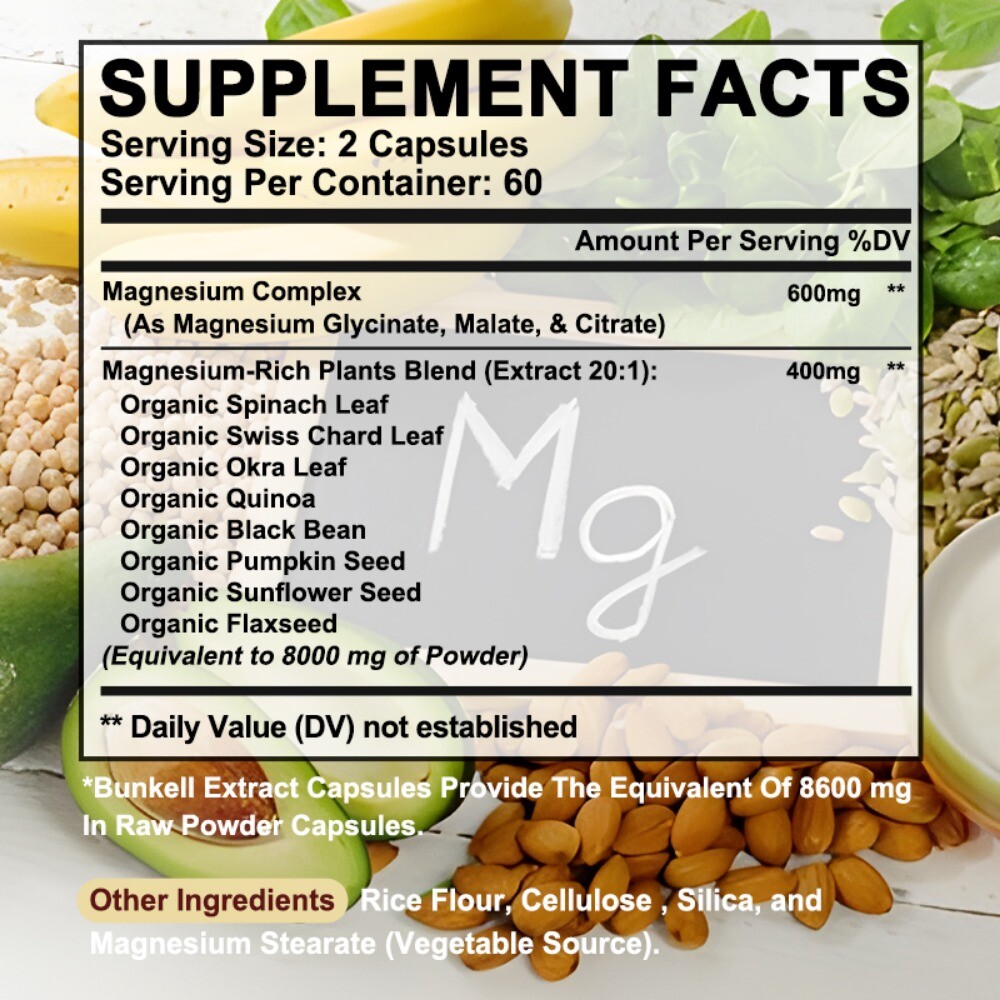 Magnesium Complex 600mg, 30 To 120 Capsules – Gluten Free and Non-GMO