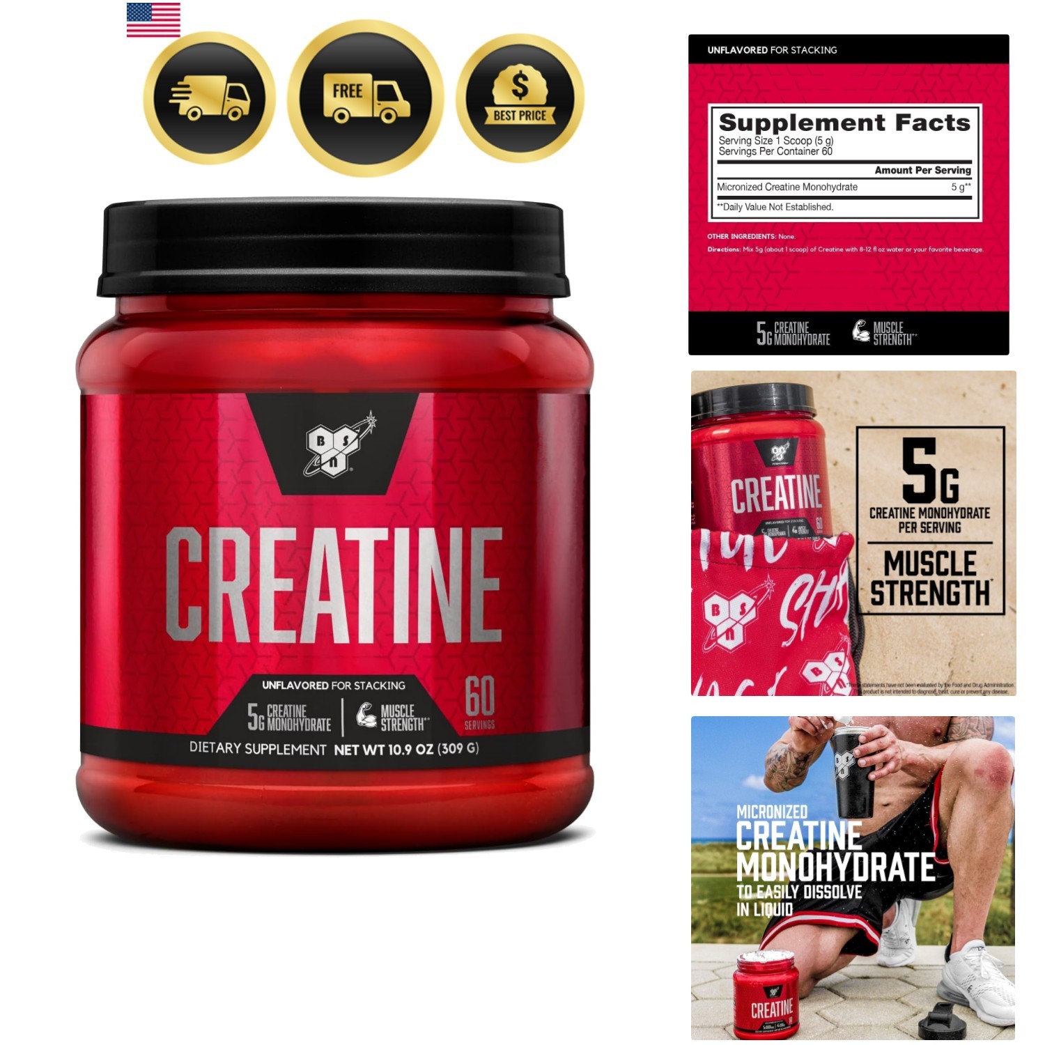 Micronized Creatine Monohydrate Powder, Unflavored Creatine Powder, Micronize…