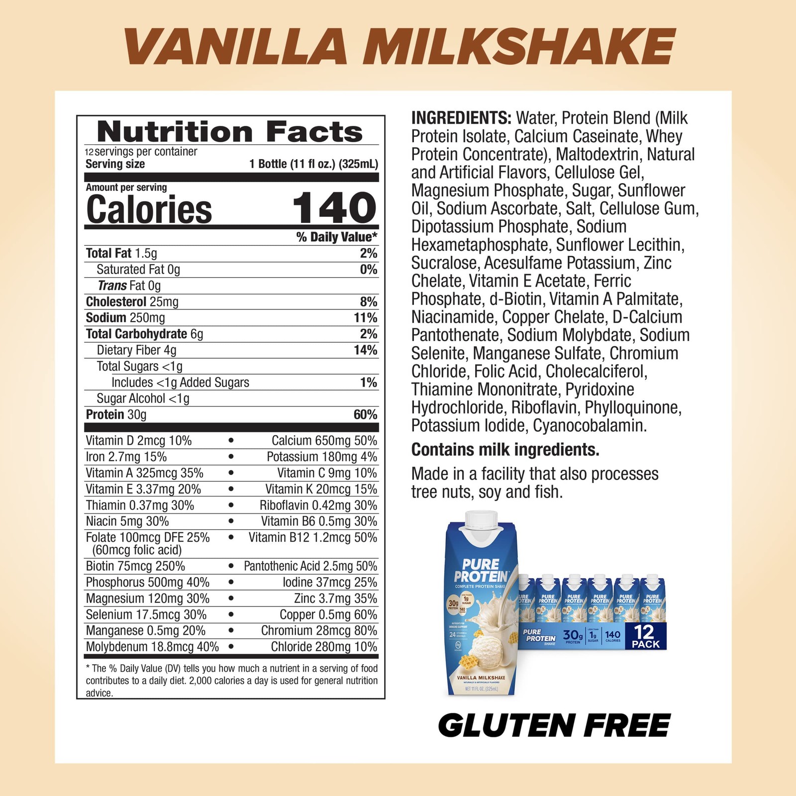 Pure Protein Vanilla Protein Shake 30G Complete Protein Vitamins A C D And E