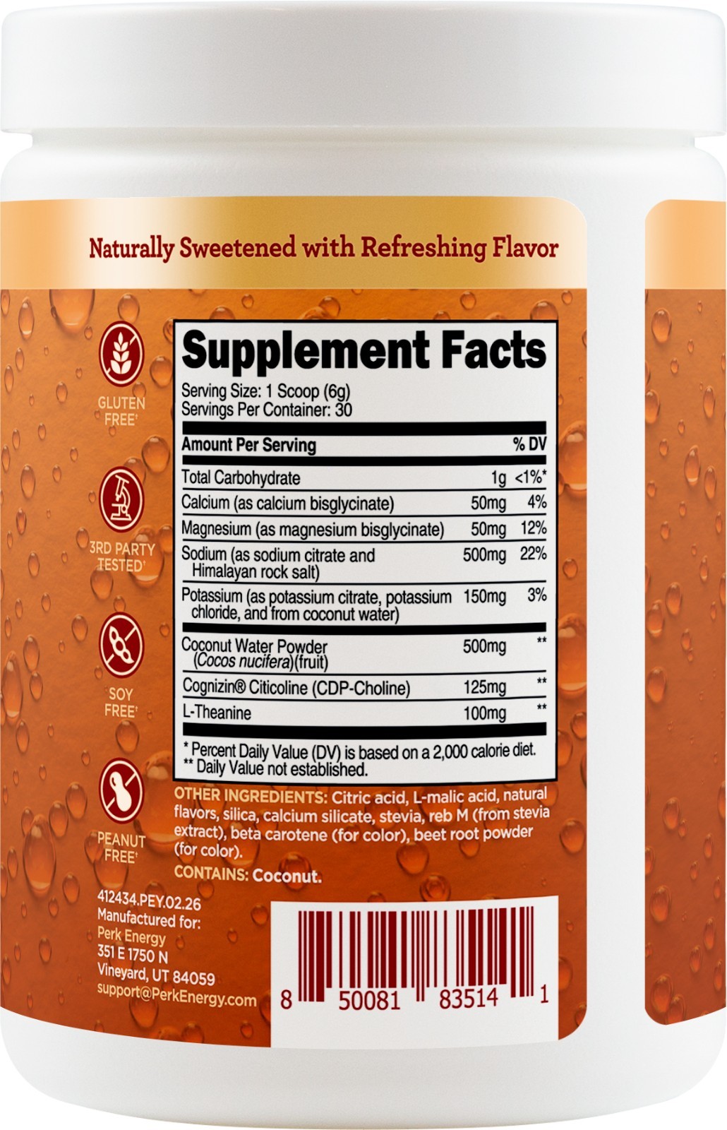 Perk Hydrate Electrolyte Drink Mix Powder Peach Mango Flavored (30 Servings)
