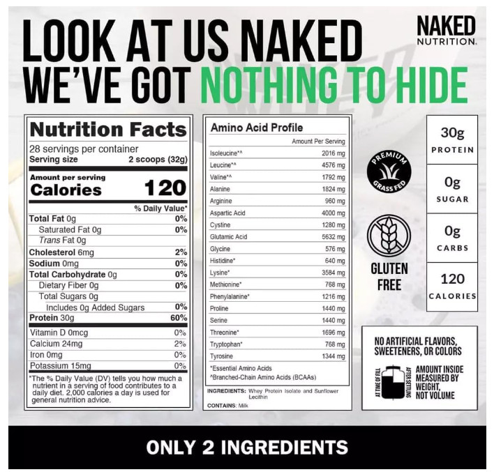 NAKED Whey Isolate Protein Unflavored, Grass-Fed, 28 Servings