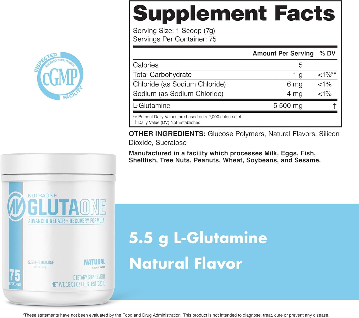 Glutaone L-Glutamine Powder Post Workout Recovery Supplement (75 Servings)