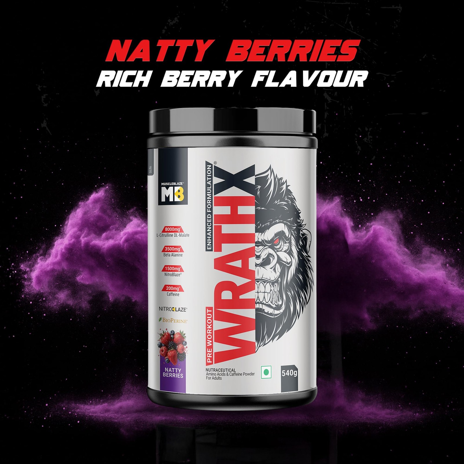 MuscleBlaze WrathX Pre Workout Powder 540g – Natty Berries, Creapure, NitroBlaze