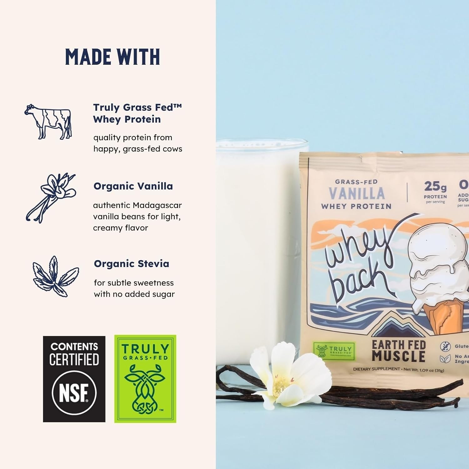 Natural Vanilla Whey Back Protein Isolate – 25g Grass-Fed Protein, Easy Mix, 1oz