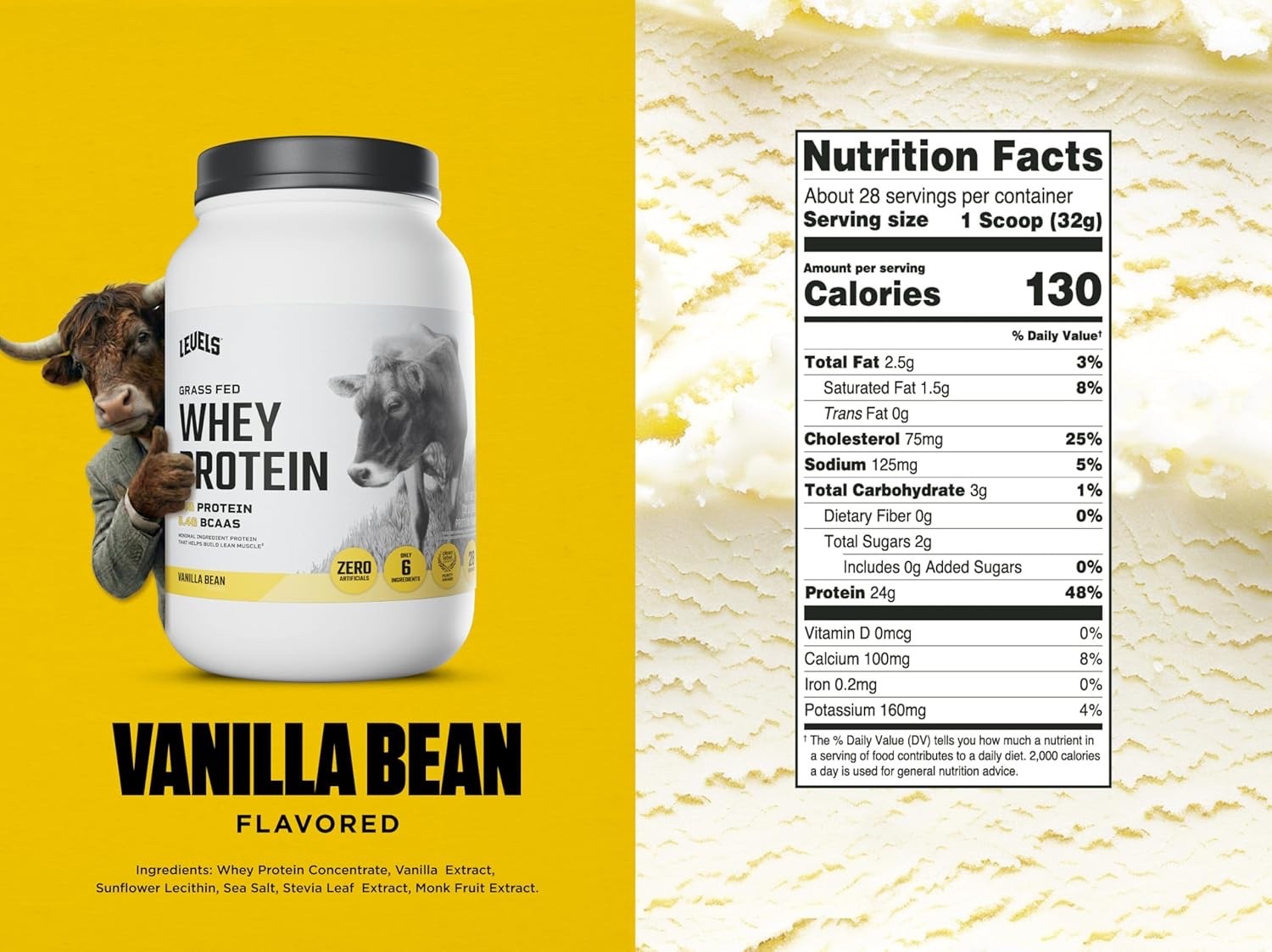 Levels Grass Fed Whey Protein Powder, 24G of Protein, Vanilla Bean, 2LB