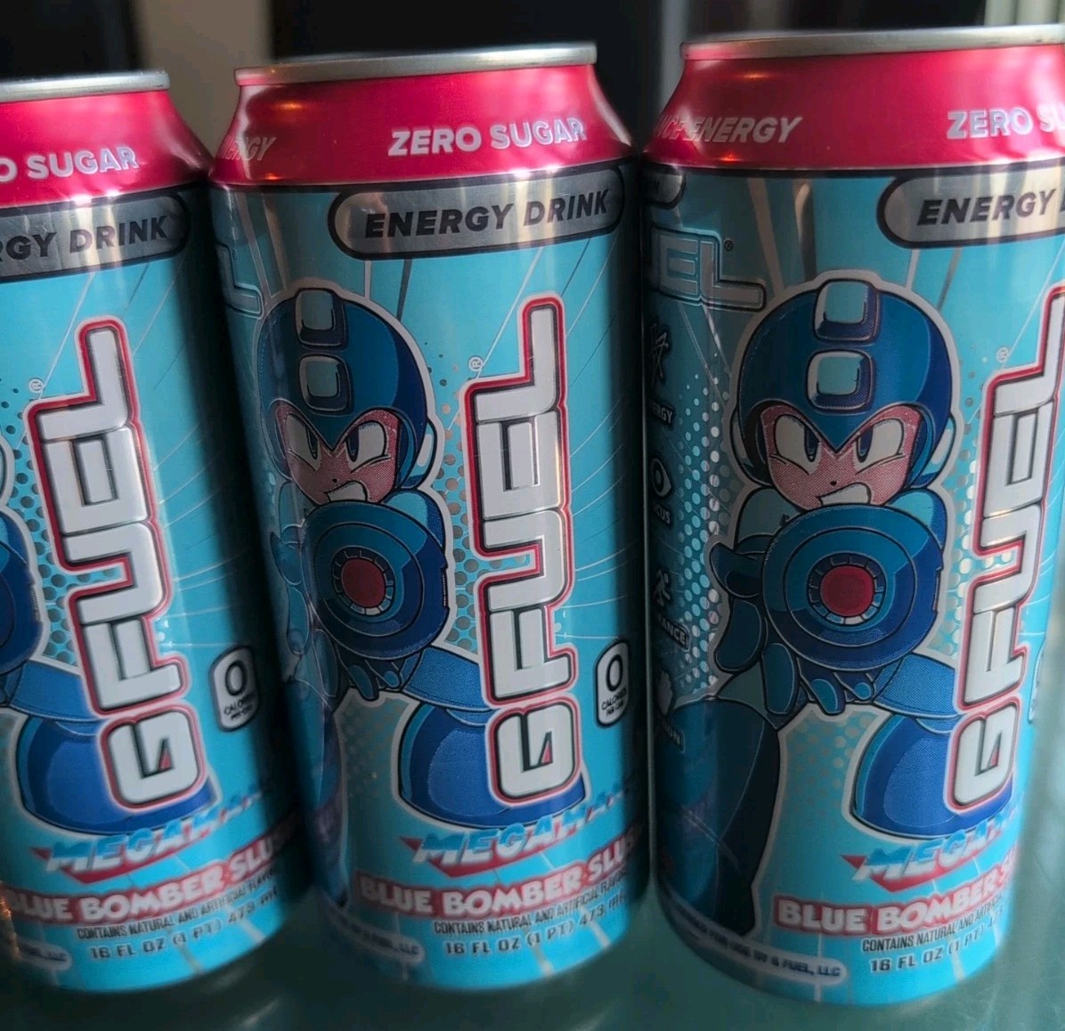 Limited Edition Megaman Blue Bomber Slushee GFuel Energy Drink Can 16oz 4 pack
