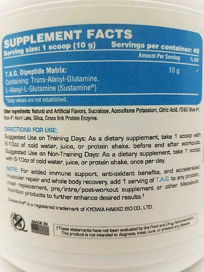 TARGETED MUSCLE RECOVERY TRANS ALANYL GLUTAMINE T.A.G. METABOLIC NUTRITION TAG