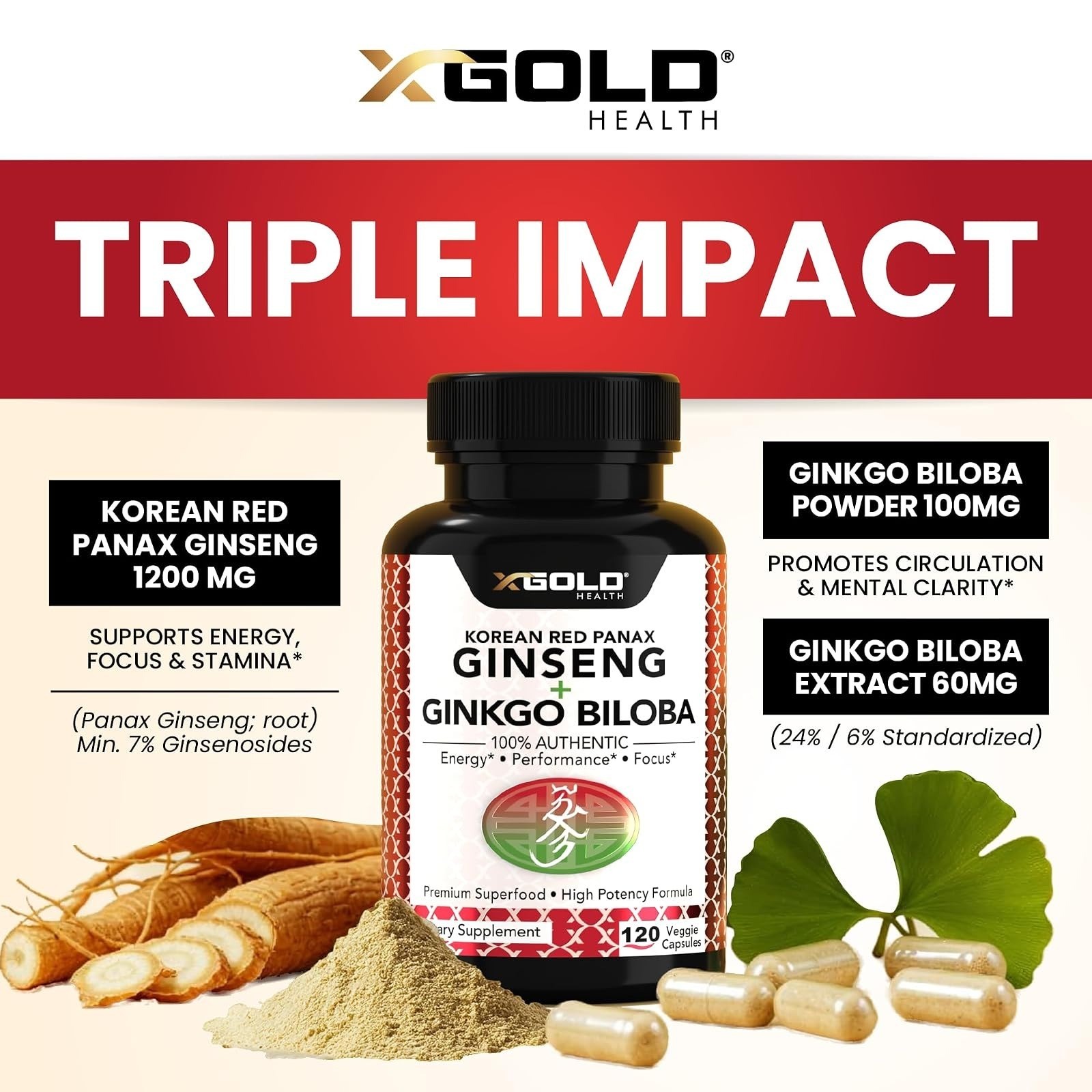 X Gold Health Korean Red Panax Ginseng 1200mg + Ginkgo Biloba 120 Capsules
