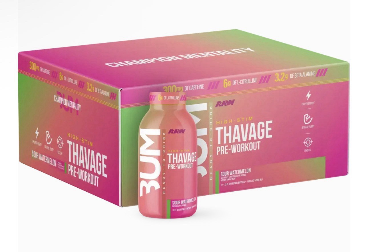 RAW THAVAGE High-Stim Pre-Workout Ready To Drink Sour Watermelon 12 fl oz12 PACK