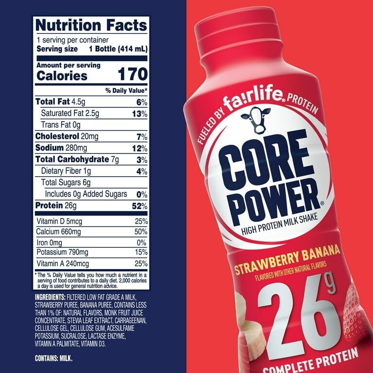 Core Power by Fairlife Protein Shake Strawberry Banana, 26g Protein 14oz 6-pack