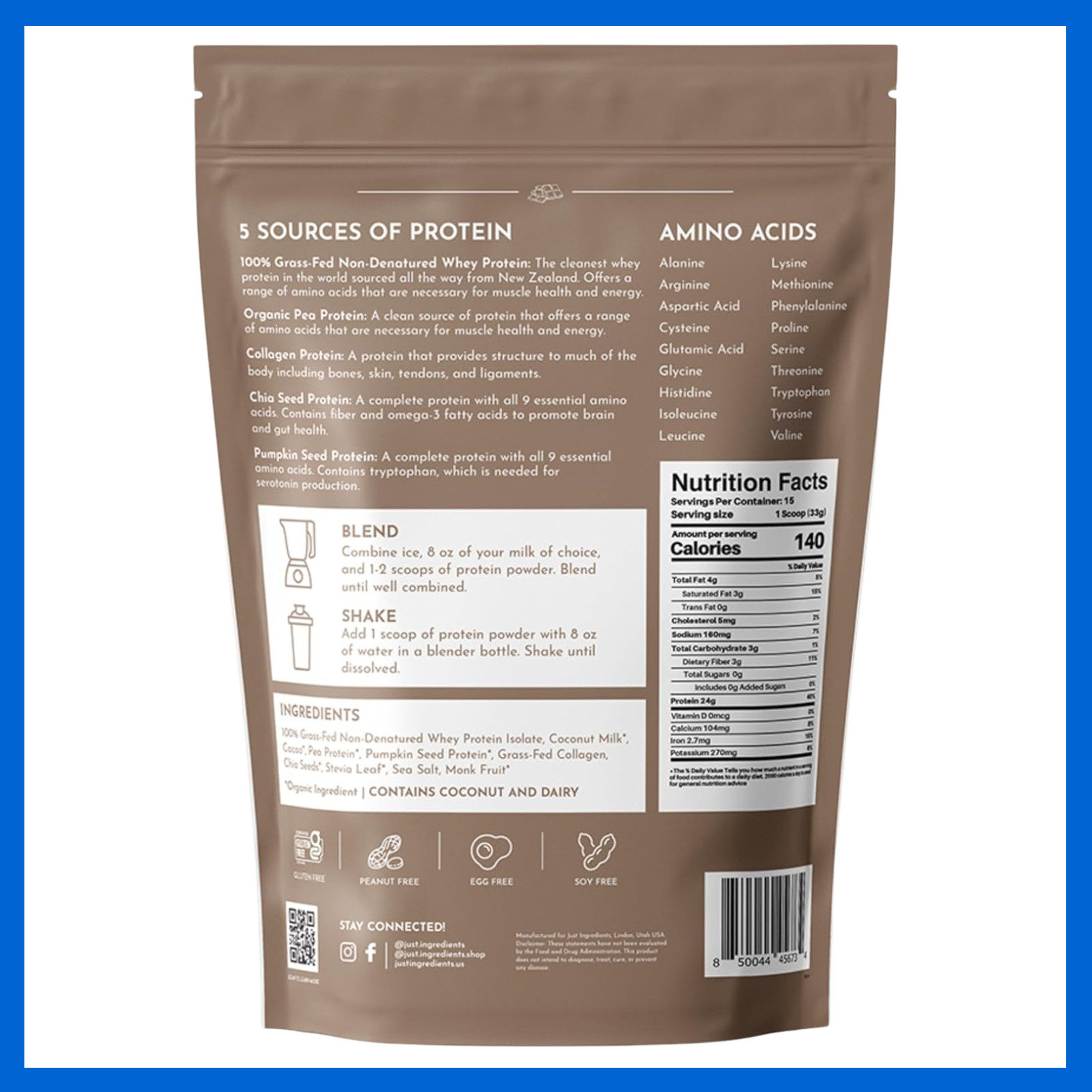 JUST Ingredients Protein Powder Chocolate – Grass-Fed Whey, 15 Servings, 24g