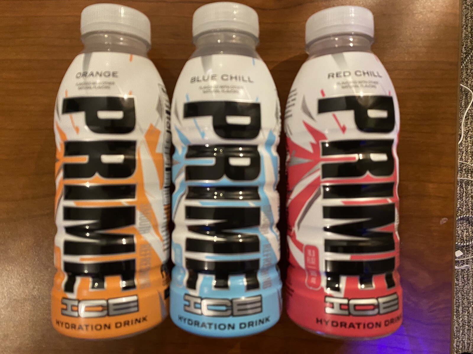PRIME Hydration ICE 3 Flavor Set Blue Chill, Red Chill, and Orange IN HAND