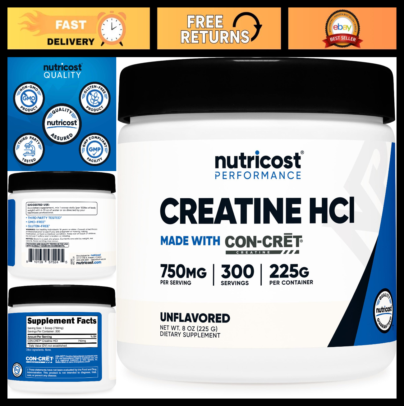 Creatine HCl Powder 8 OZ – Pure Muscle Growth Supplement | 300 Servings, Boost E
