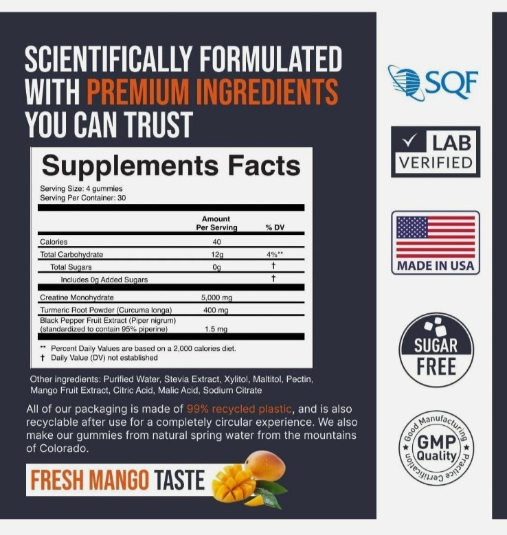 EcoWISE Creatine Monohydrate Gummies 5000mg – Sugar-Free,Mango Flavor, 120 Chews