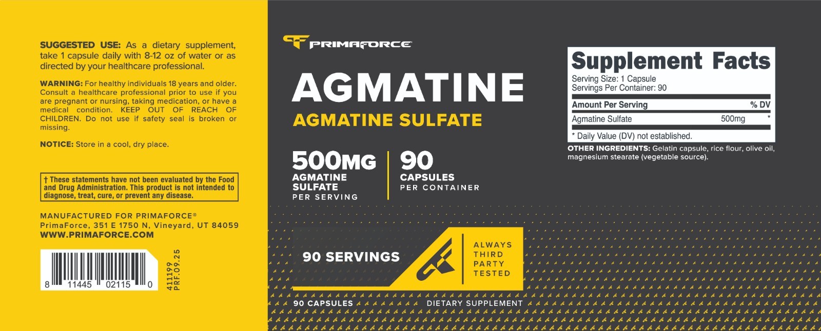 Primaforce Agmatine Sulfate 500mg, 90 Capsules – Non-GMO, Gluten Free Supplement