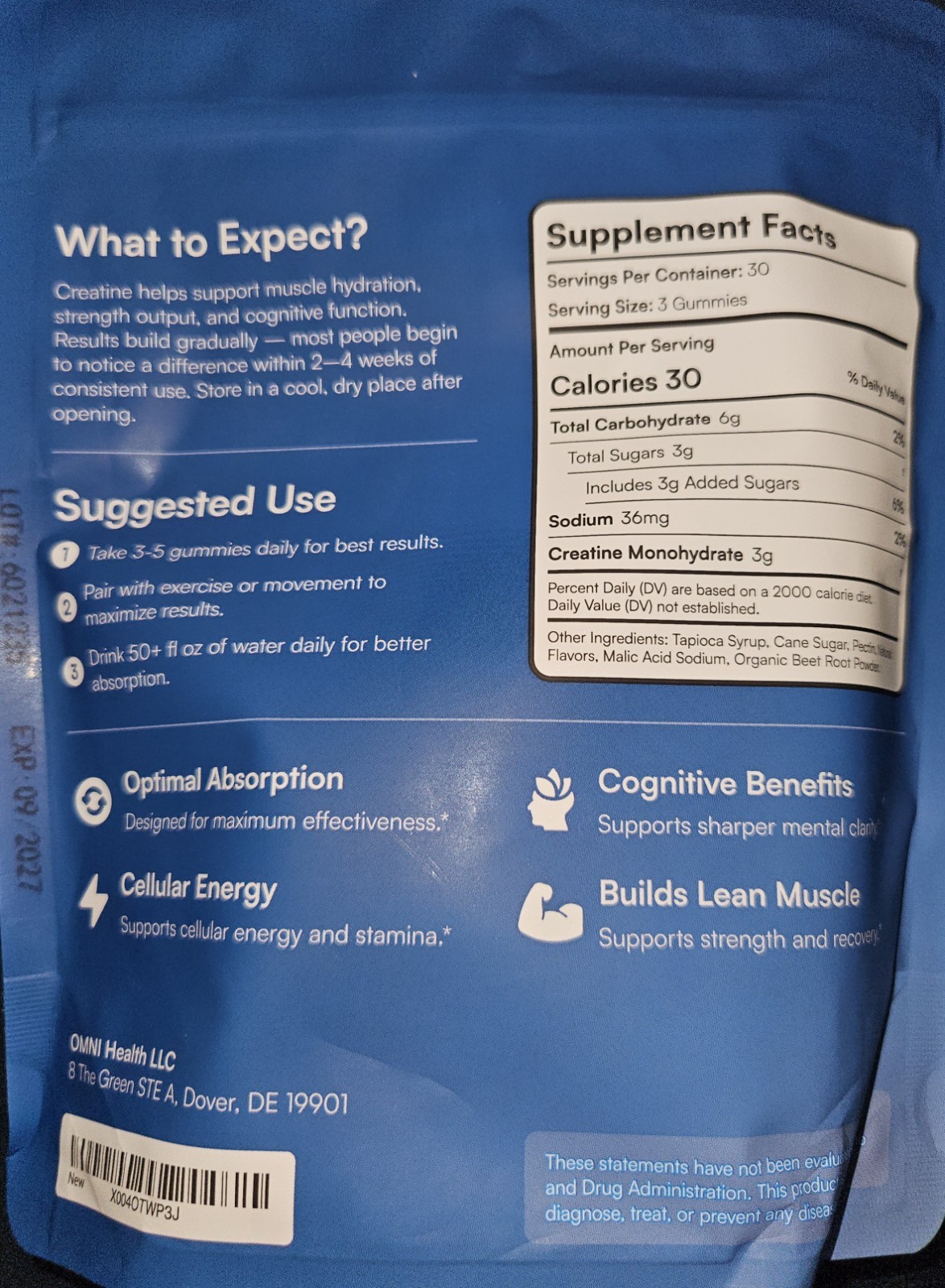 OMNI Creatine Monohydrate Gummies Muscle Growth Support Low Sugar Watermelon 90c