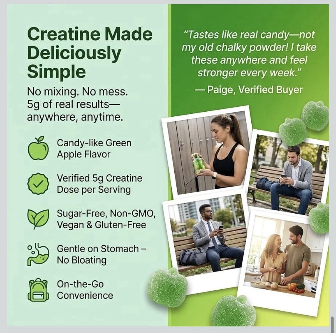 PLANT.O NUTRITION Creatine Monohydrate Gummies Sugar Free 120 Count Green Apple