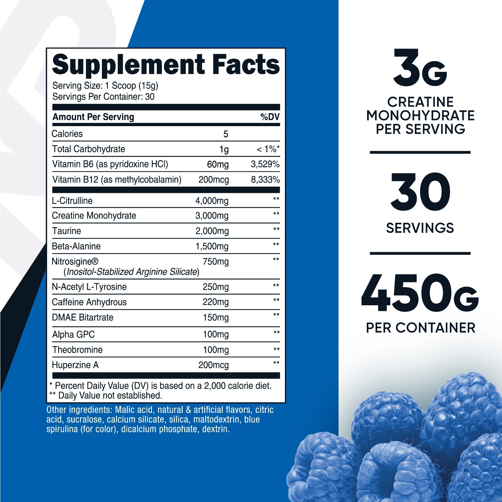 Nutricost Pre-C, Pre-Workout Complex with Creatine Powder (Blue Raspberry) 450g