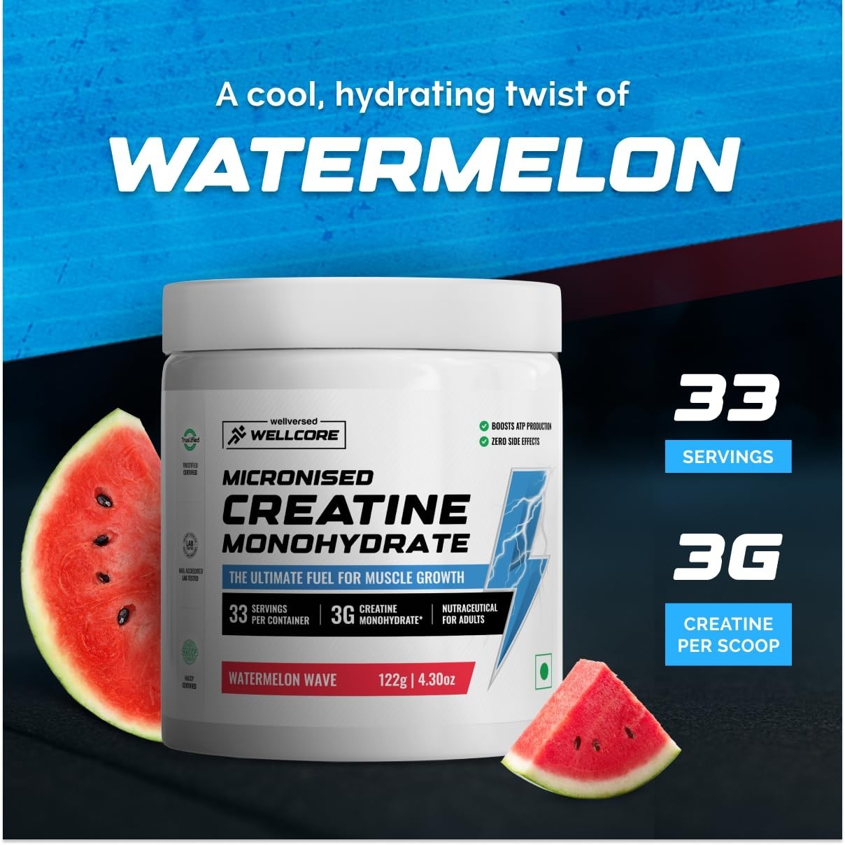 Pure Micronised Creatine Monohydrate powder (Watermelon Wave, 33 Servings)