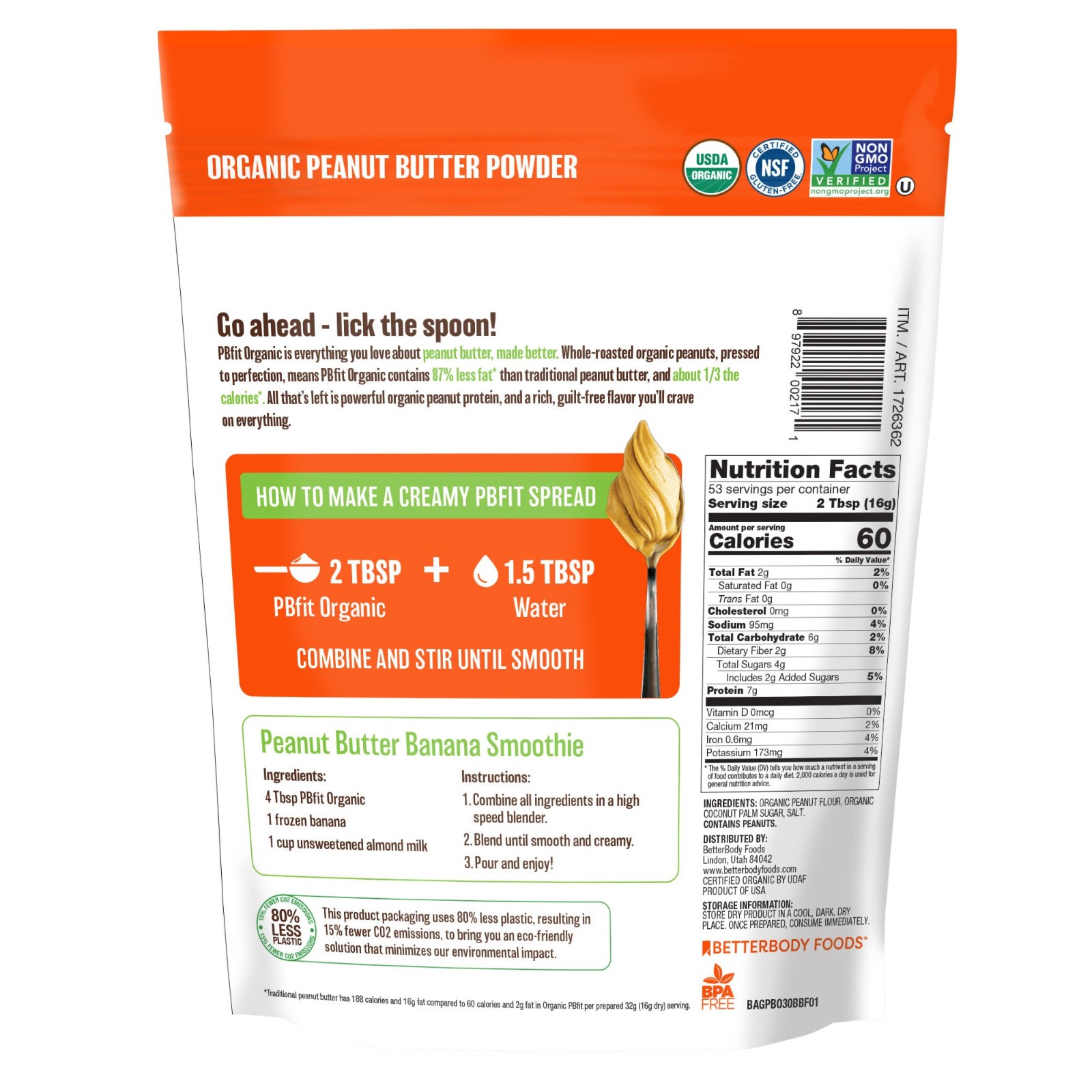 PBfit Organic Peanut Butter Plant-Based Protein Powder, 30 oz