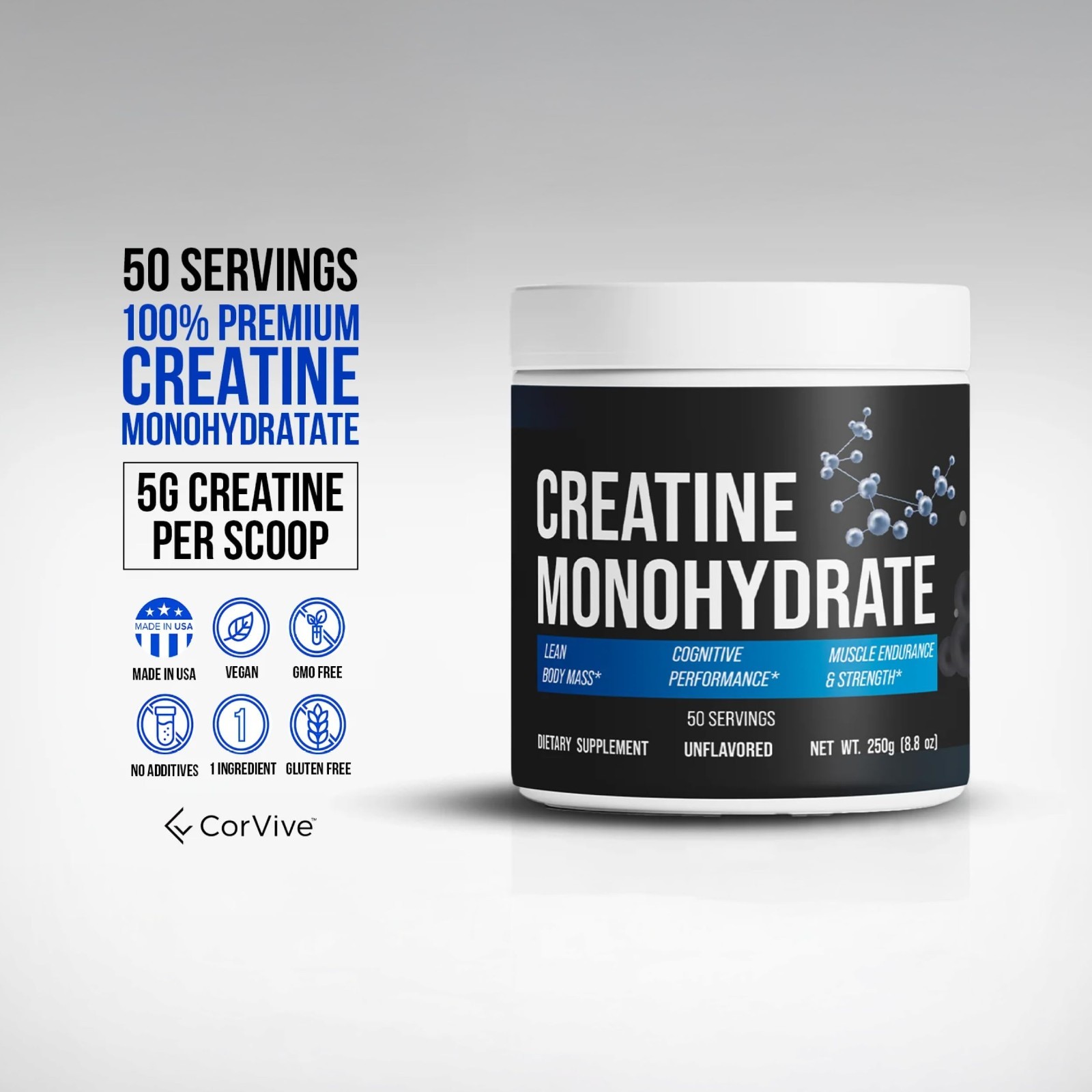 Pure Unflavored Creatine Monohydrate Powder – Vegan, Gluten-Free, Non-GMO – 50 S