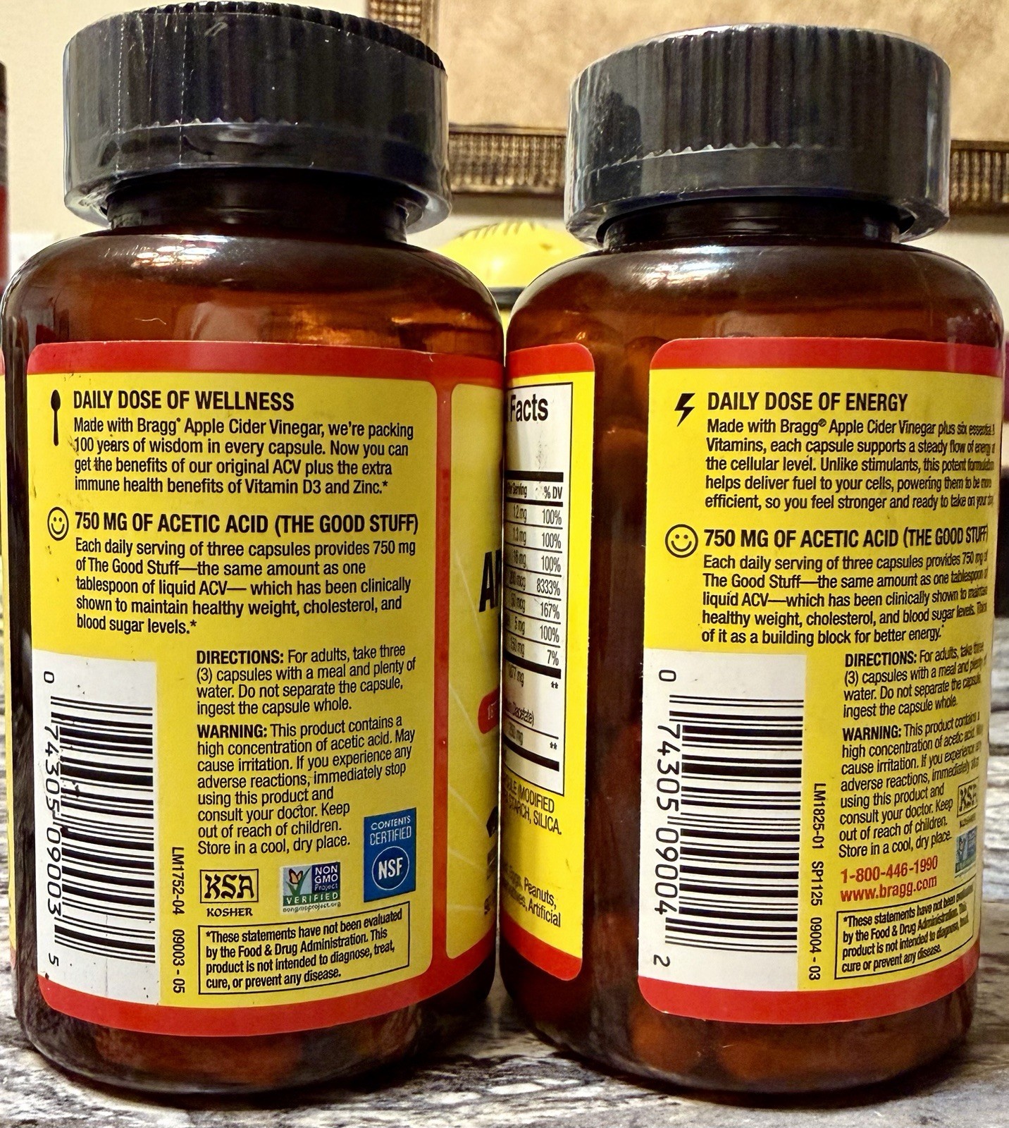 (2x) Bragg Organic Apple Cider Vinegar Capsules w/6 B Vitamin90ct Each FREE SHIP