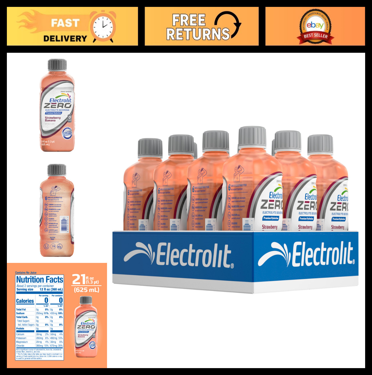Electrolyte Drink Zero Sugar, Strawberry-Banana Flavor, 21 Fl Oz, 12 Pack