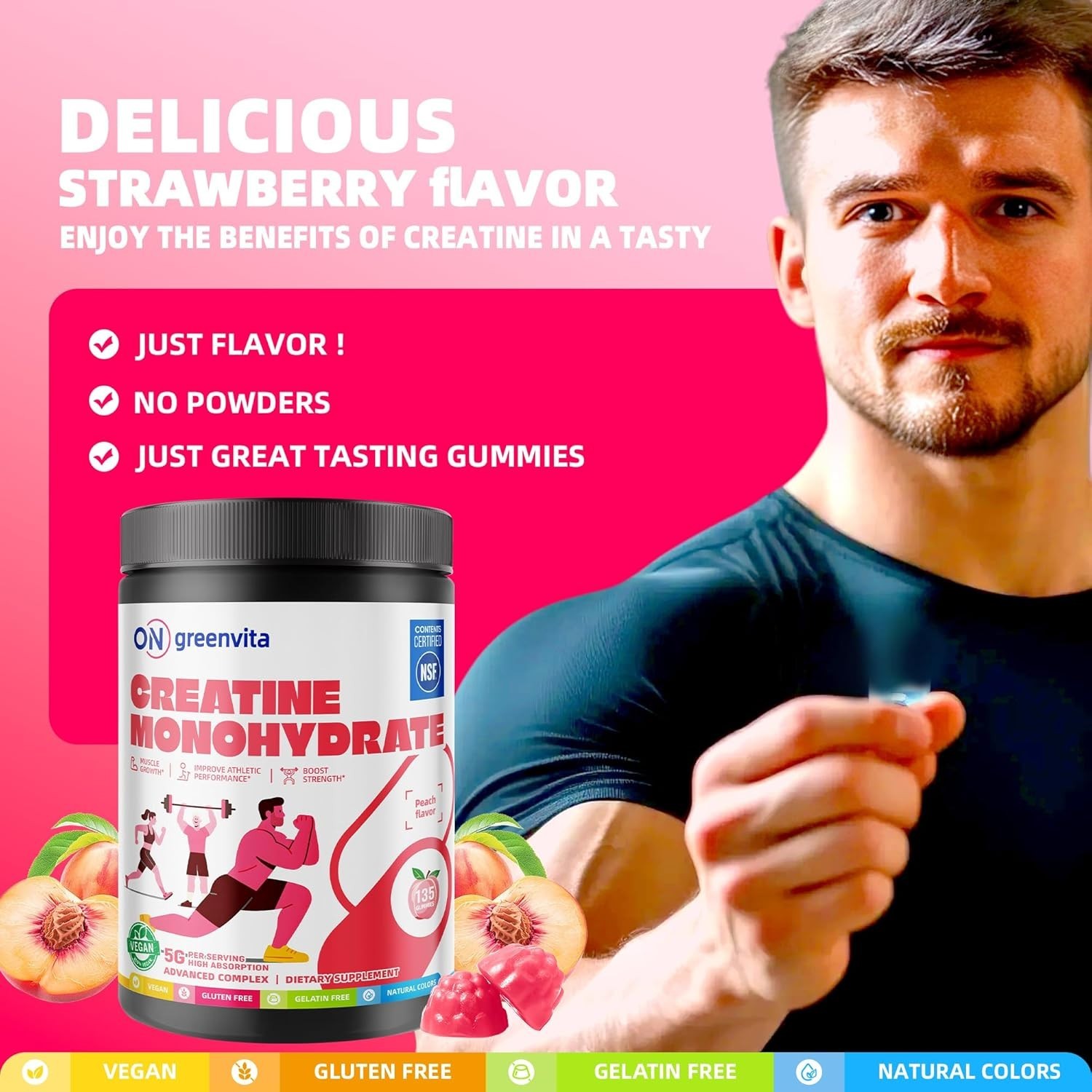 Creatine Monohydrate Gummies 5g, Pre-Workout Energy & Muscle Growth Support