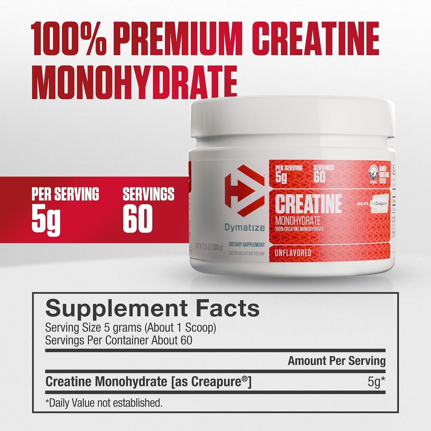 Dymatize Creatine Monohydrate Powder Creapure 300g 60 Servings Gluten Free