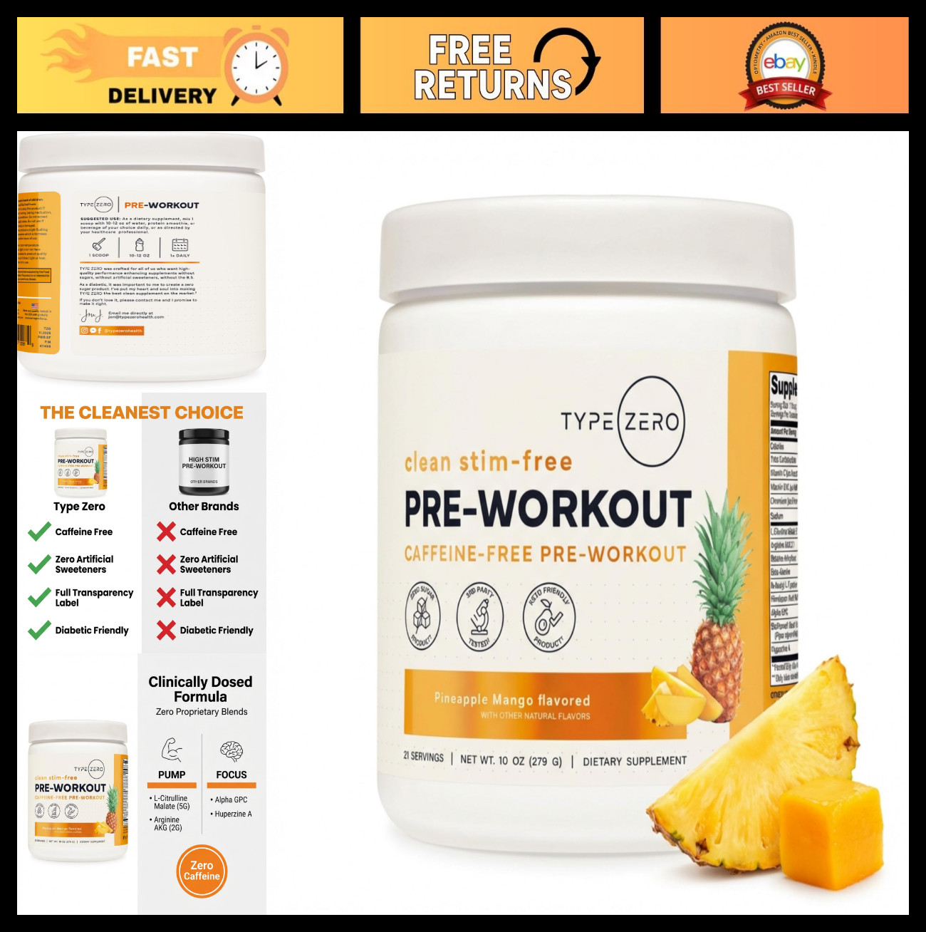 Stim-Free Pre Workout Powder – Pineapple Mango, 21 Servings | Nitric Oxide Boost