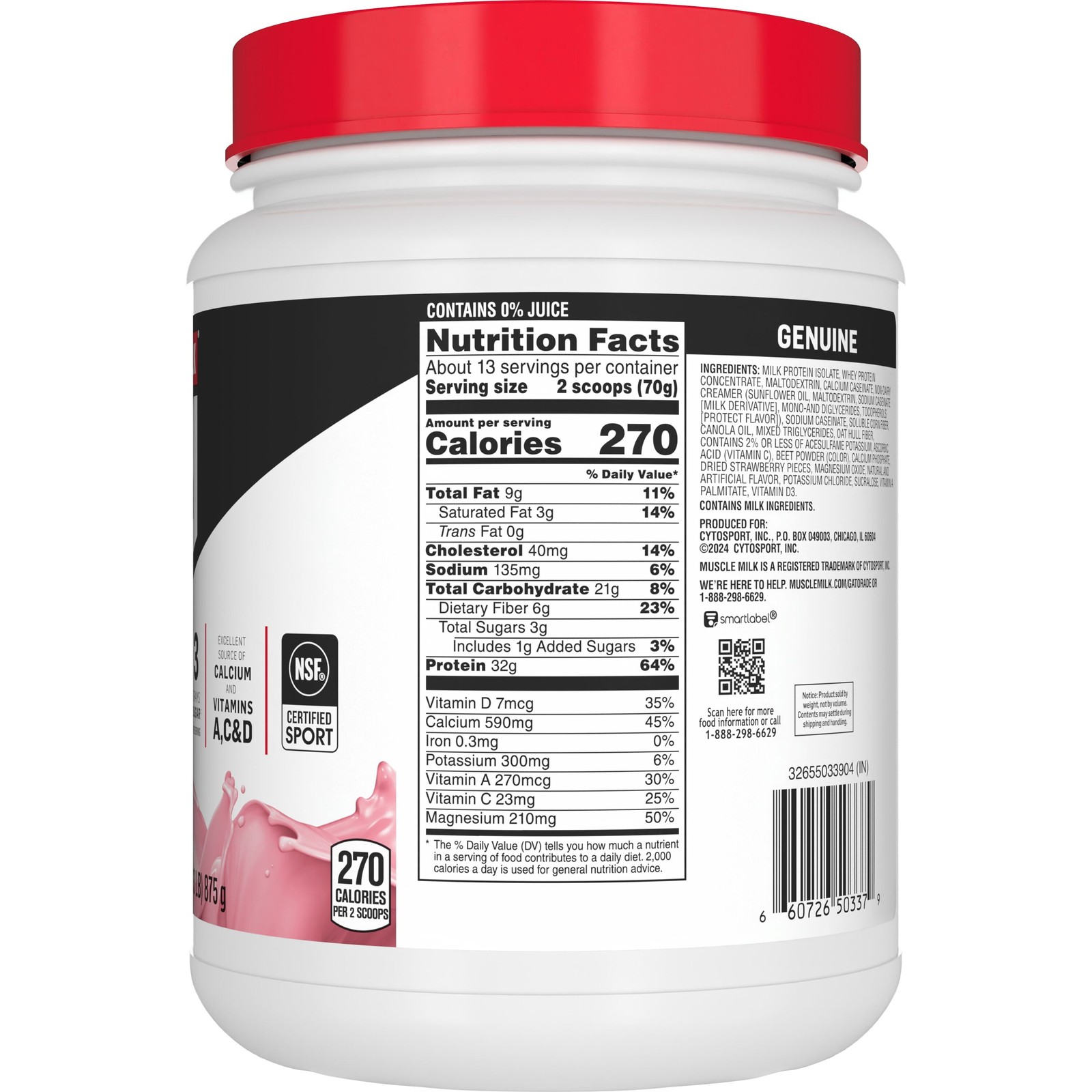 Muscle Milk Genuine Protein Powder, Strawberries ‘N Crème, 32g Protein, 1.93lb