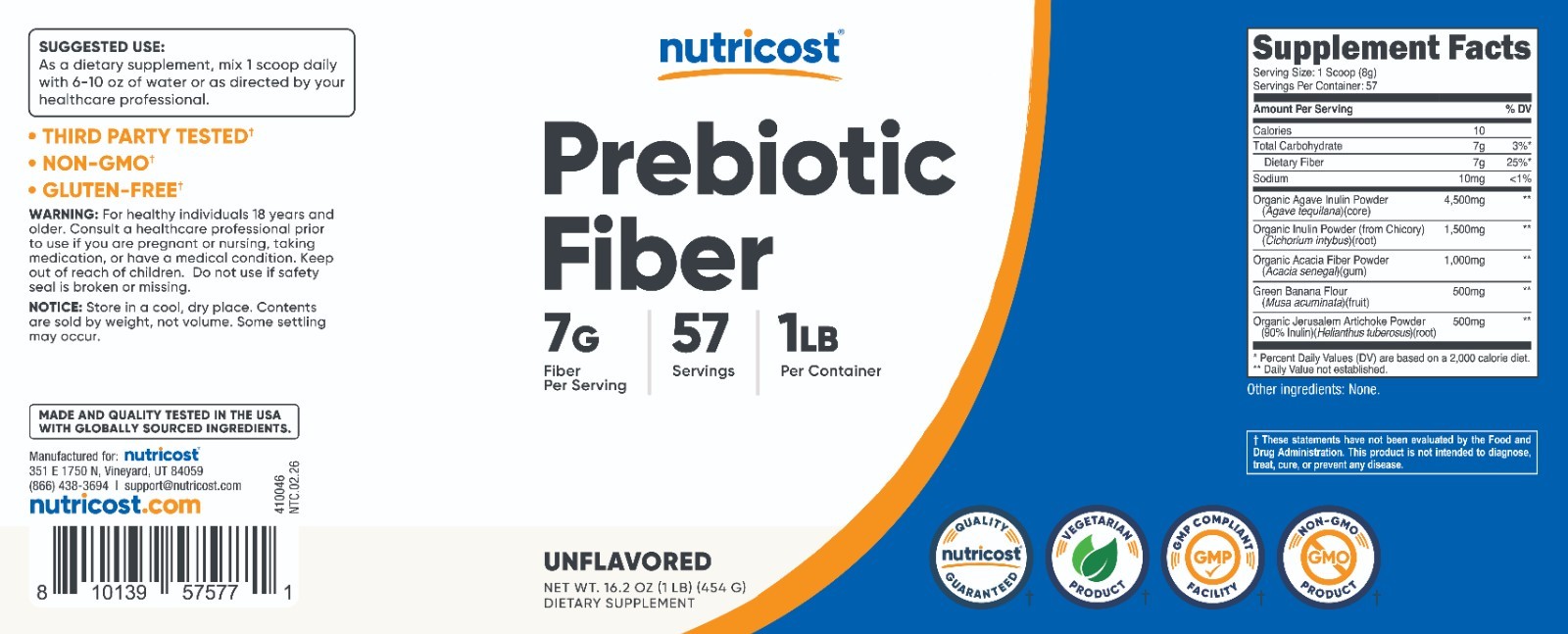 Nutricost Prebiotic Fiber Unflavored (1 Pound) – Vegetarian, Gluten-Free