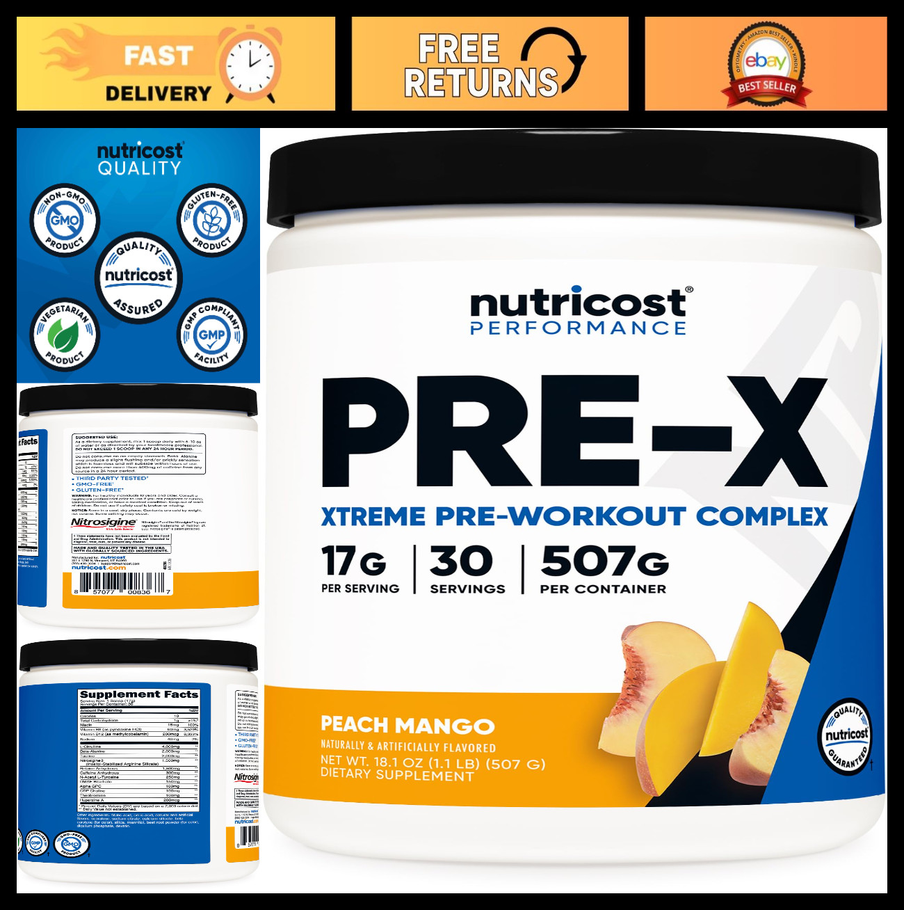 Extreme Pre-Workout Powder Complex – Peach Mango Flavor, 30 Servings, Vegan, GMO