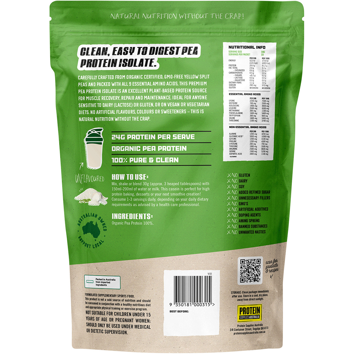 Protein Supplies Australia Pea Protein Isolate Unflavoured 1kg