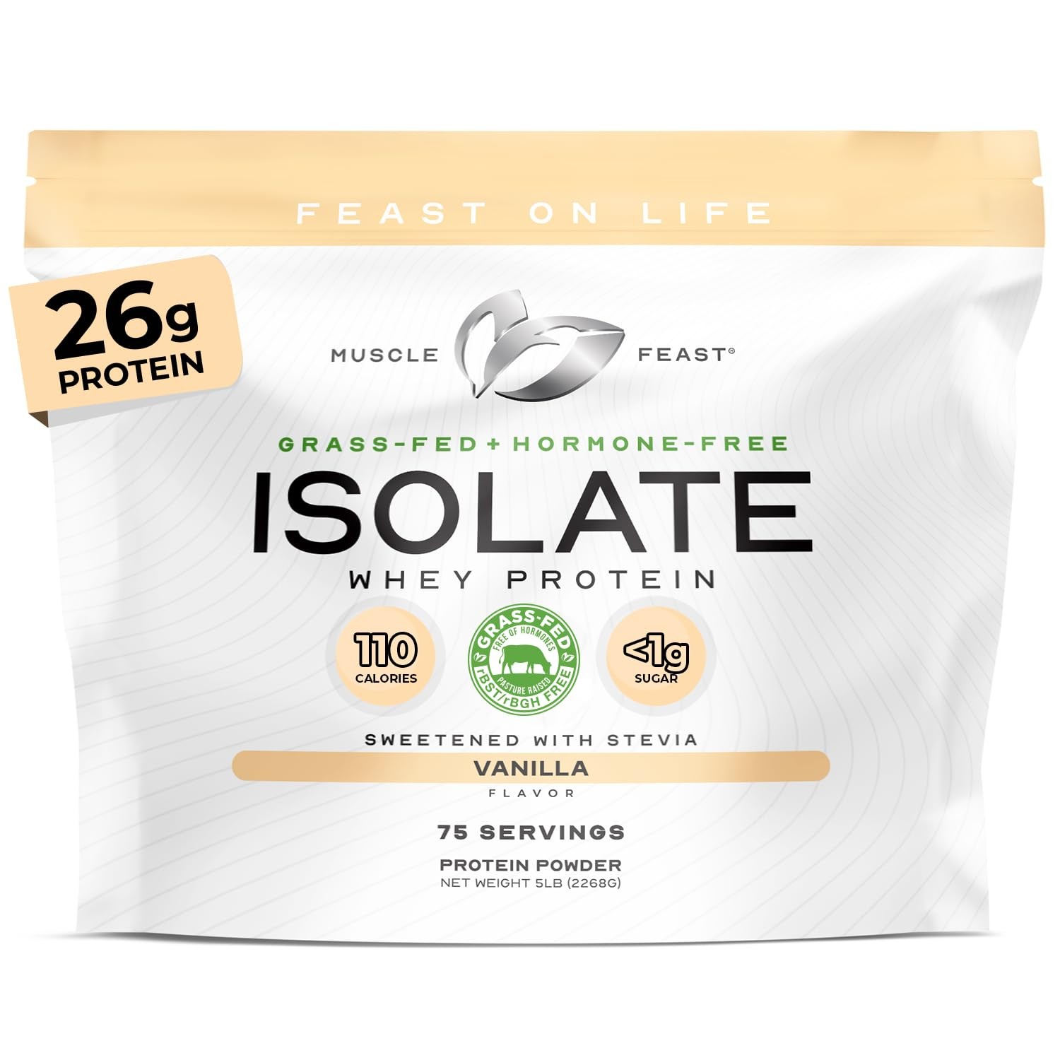 Whey Protein Isolate Powder 5lb Grass Fed All Natural Vanilla Muscle Feast