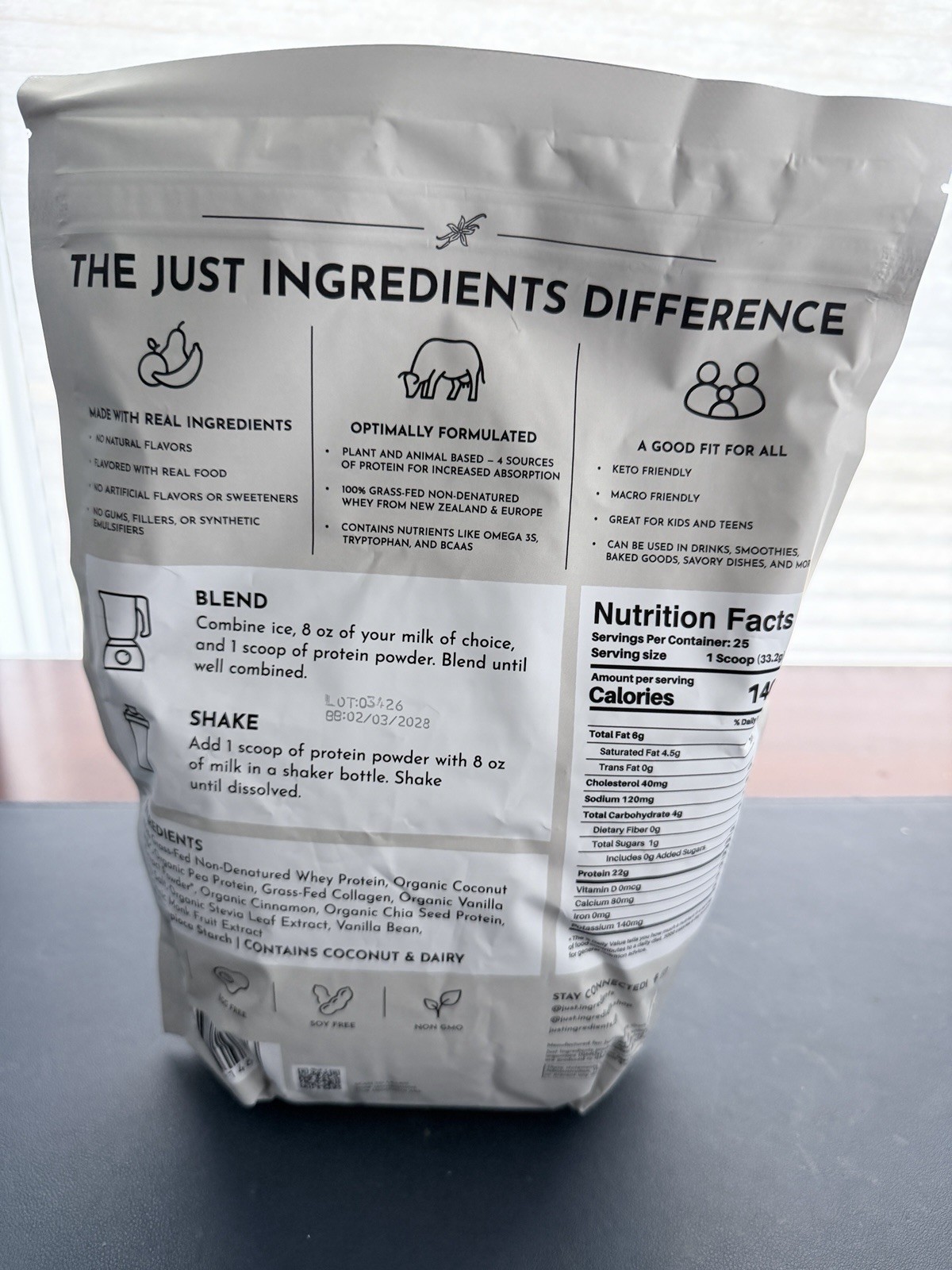 Just Ingredients Vanilla Bean Protein Powder Keto Friendly NSF Certified 1.8 lb