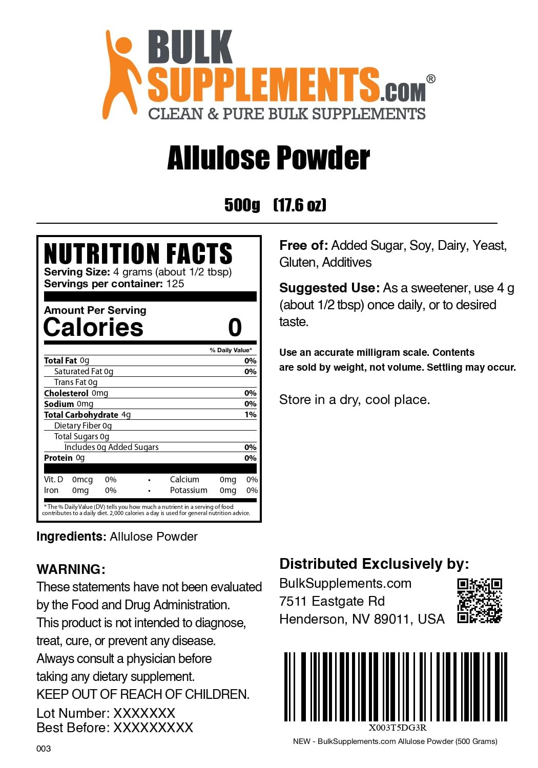 BulkSupplements.com Allulose Powder – 17.64 Ounce (Pack of 1)