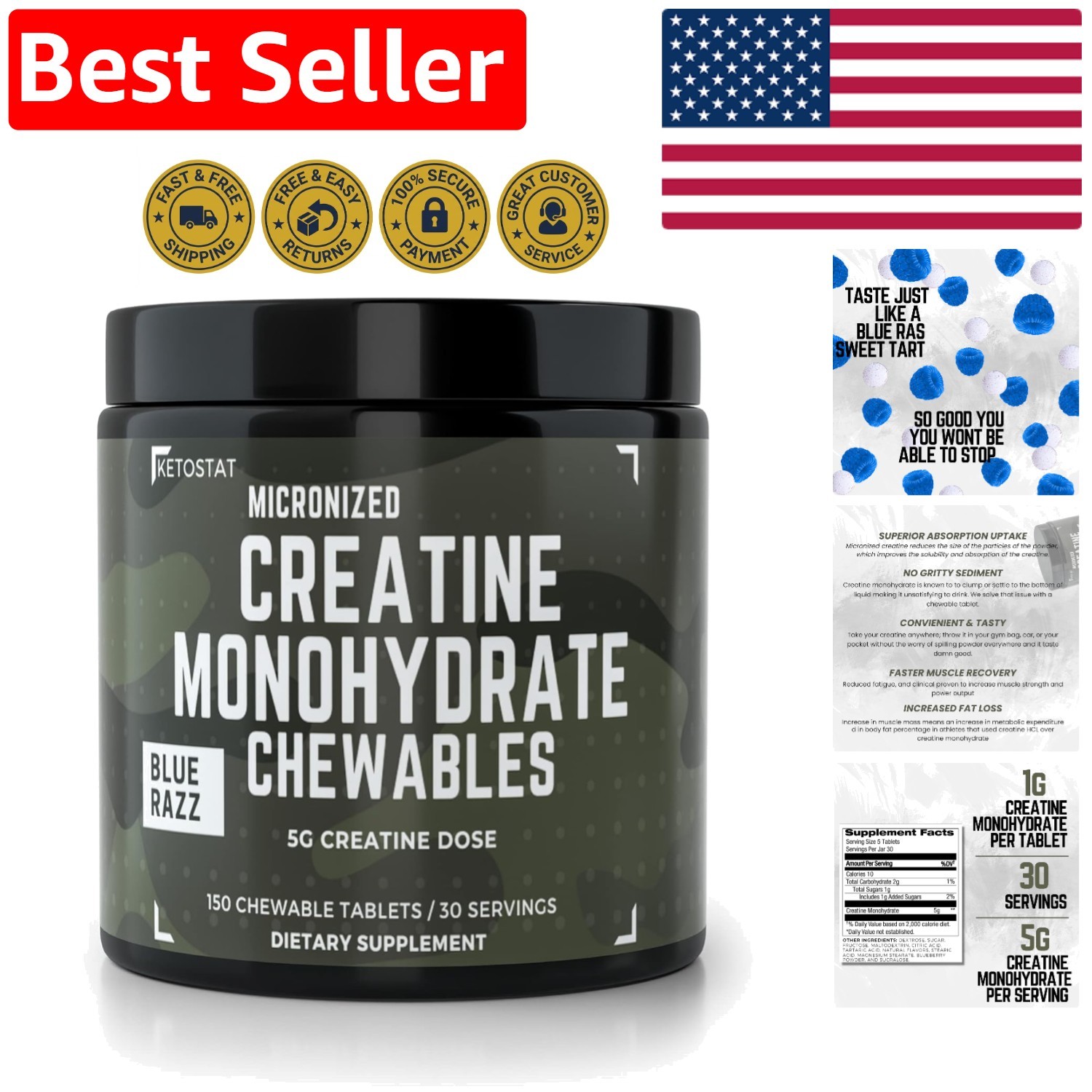 Chewable Creatine Monohydrate Chews – 150 Tablets in Sweet Tart Sour Razz