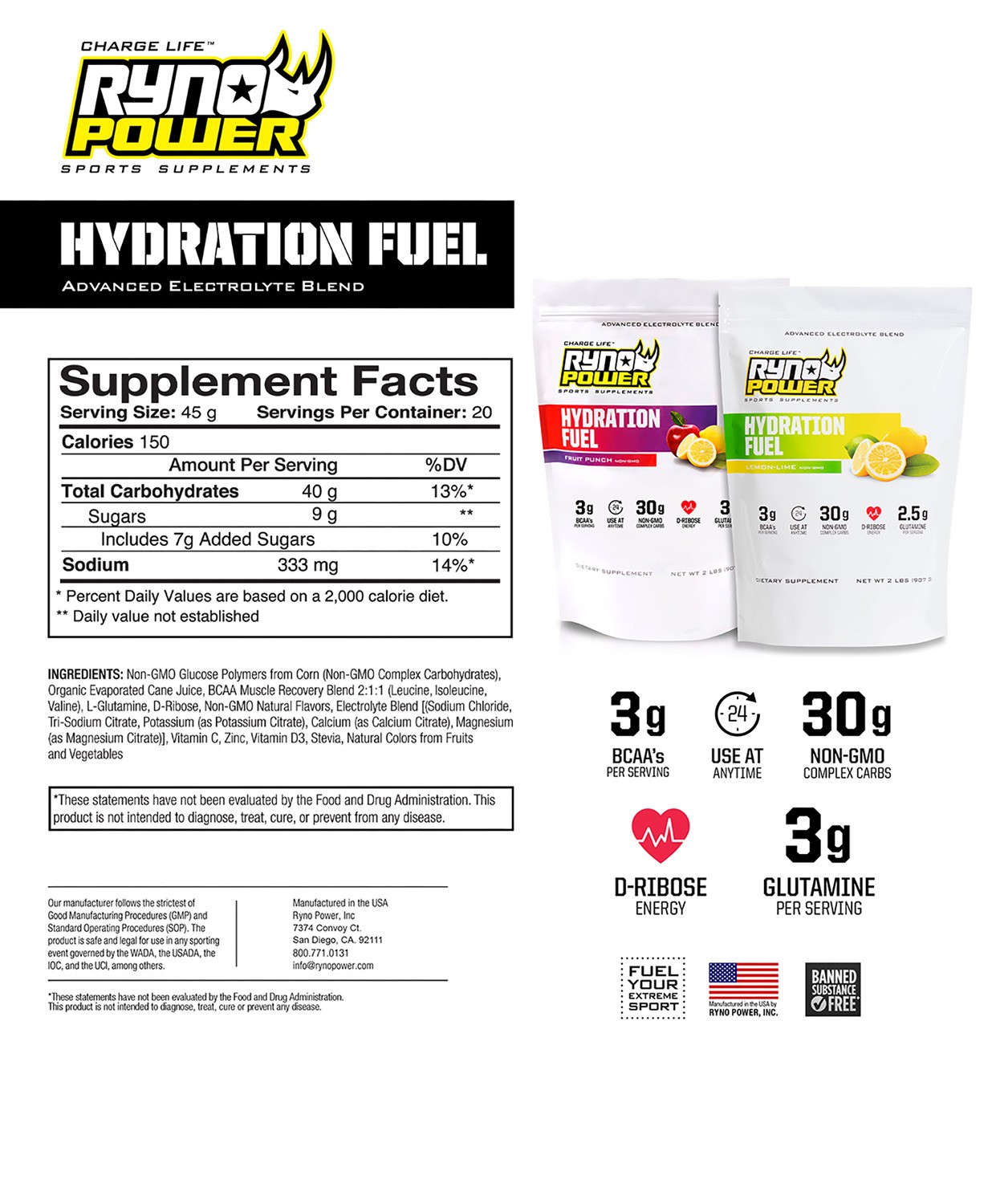 Ryno Power Hydration Fuel Lemon Lime 2lb Electrolyte Drink Mix
