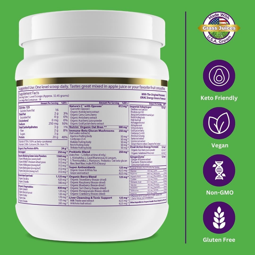 Organic ORAC Protein & Greens Powder – Vanilla Flavor, 20g Protein, 14 Servings