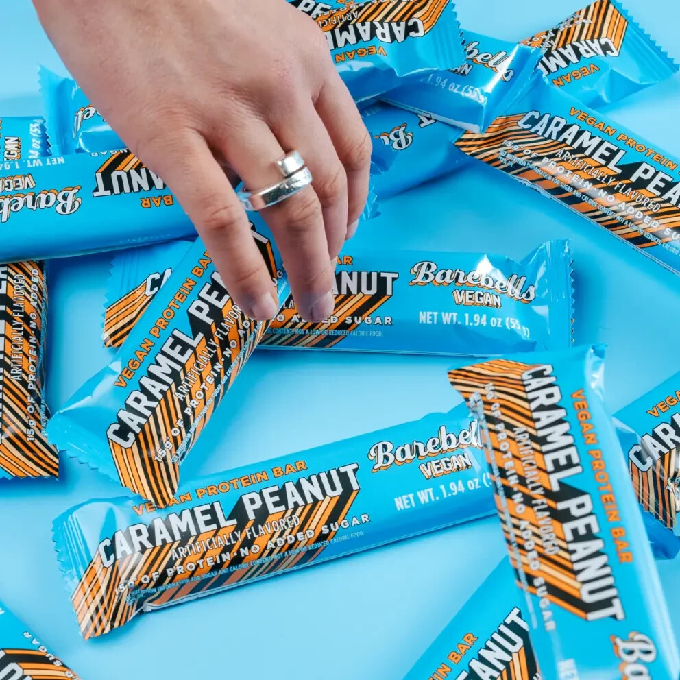 Barebells Vegan Caramel Peanut snack, no added sugar, 12 protein bar, ✅