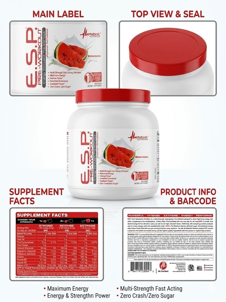 Metabolic Nutrition E.S.P. Pre-Workout Powder Watermelon 300g Gluten Sugar-Free